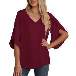 Jouica Women's 3/4 Split Ruffled Sleeve V-Neck Chiffon T-Shirt Size XXL Wine NWT